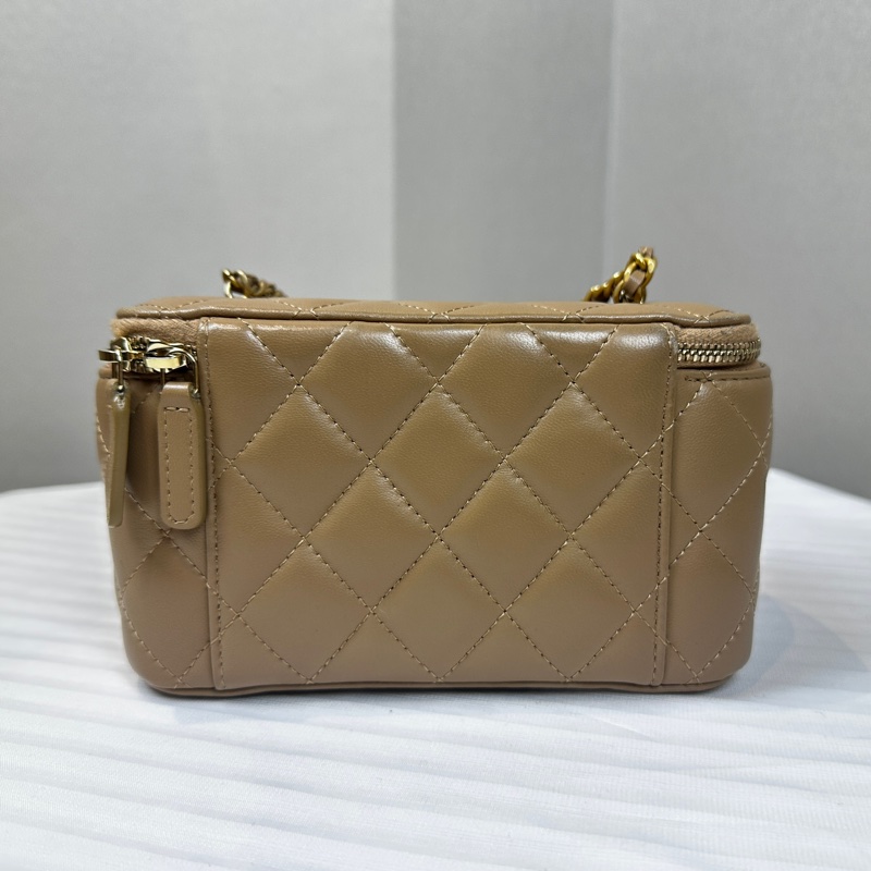 香奈兒/Chanel Vanity Case 淺棕色羊皮菱格紋長盒子 金球鏈帶肩背包 17x9.5x8cm-10