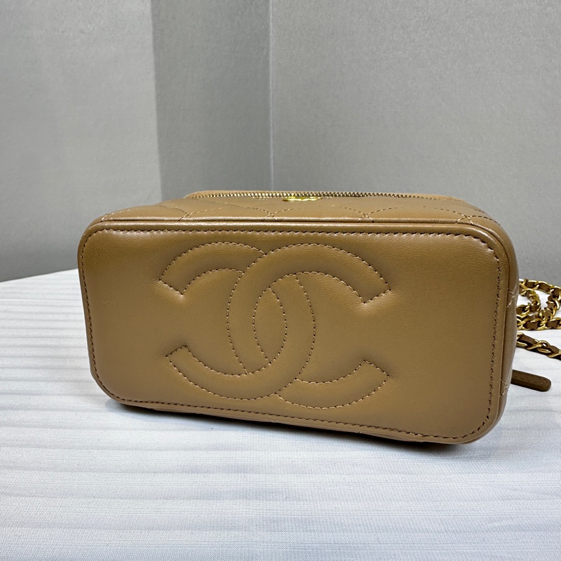 香奈兒/Chanel Vanity Case 淺棕色羊皮菱格紋長盒子 金球鏈帶肩背包 17x9.5x8cm-11