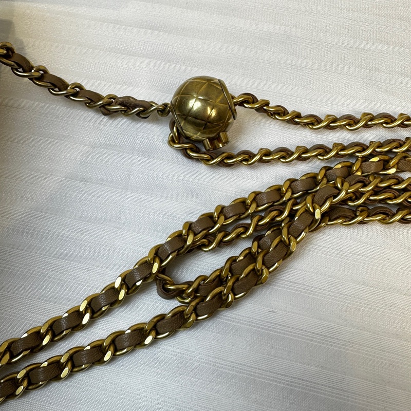 香奈兒/Chanel Vanity Case 淺棕色羊皮菱格紋長盒子 金球鏈帶肩背包 17x9.5x8cm-14