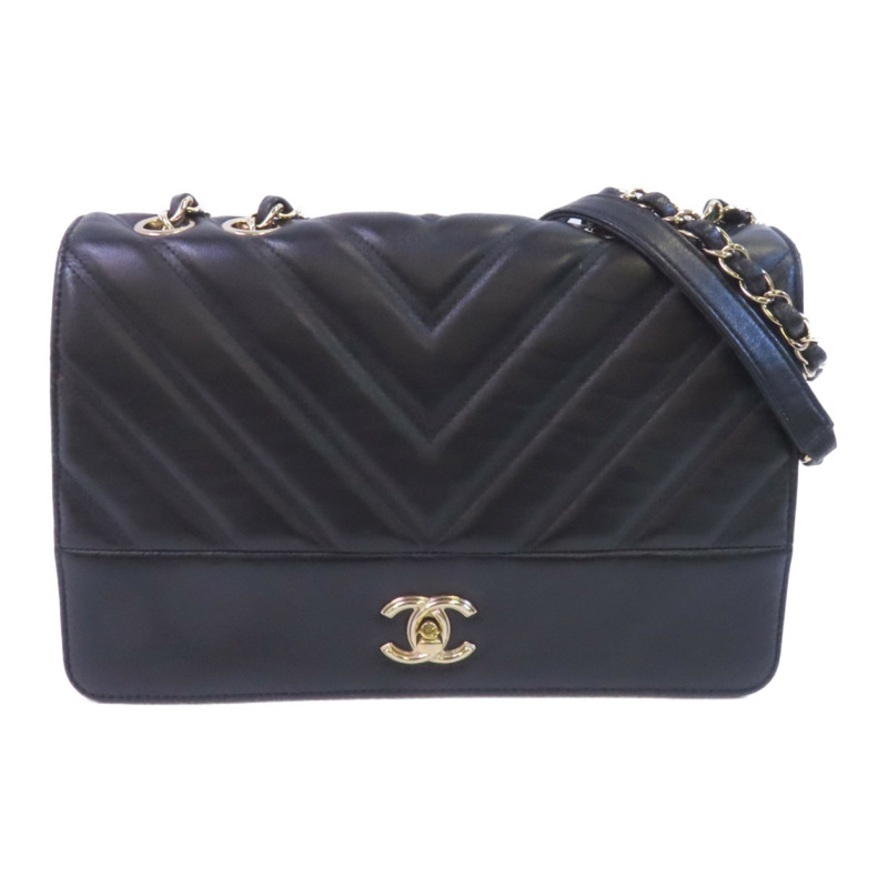 CHANEL 牛皮皮革Chain Shoulder金扣鏈帶肩背袋-0