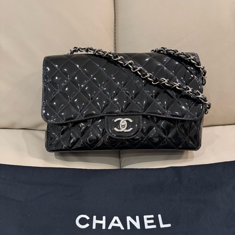 Chanel 香奈兒 maxi jumbo/CF口蓋包/漆皮黑銀款/95新美品-1