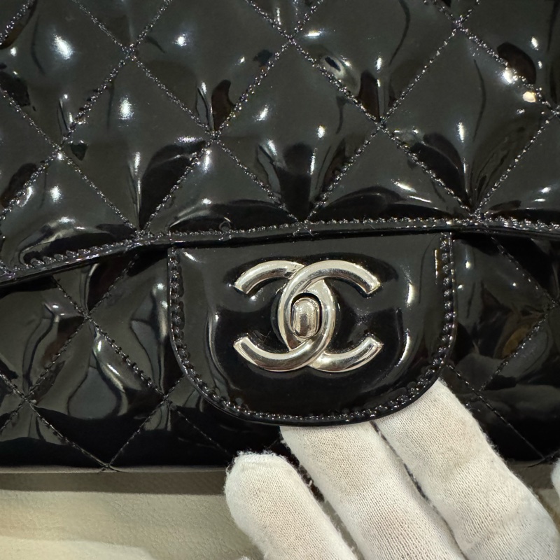 Chanel 香奈兒 maxi jumbo/CF口蓋包/漆皮黑銀款/95新美品-2