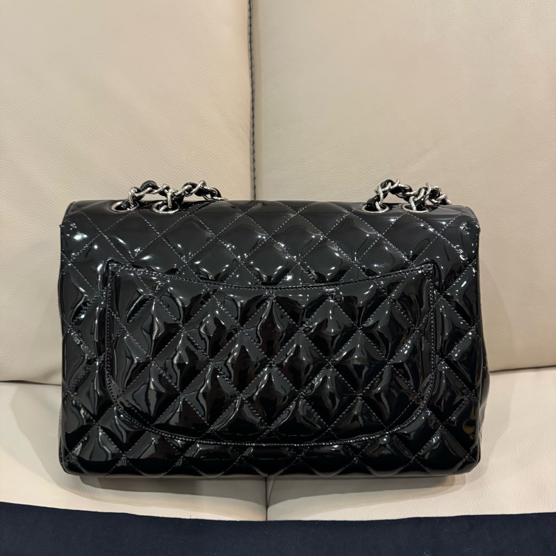 Chanel 香奈兒 maxi jumbo/CF口蓋包/漆皮黑銀款/95新美品-3