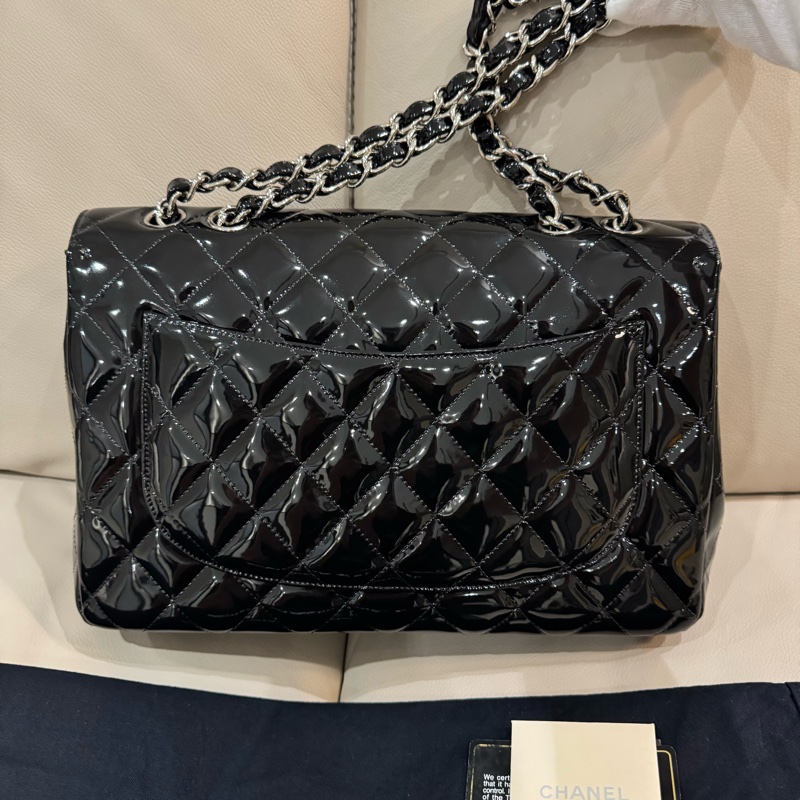 Chanel 香奈兒 maxi jumbo/CF口蓋包/漆皮黑銀款/95新美品-5