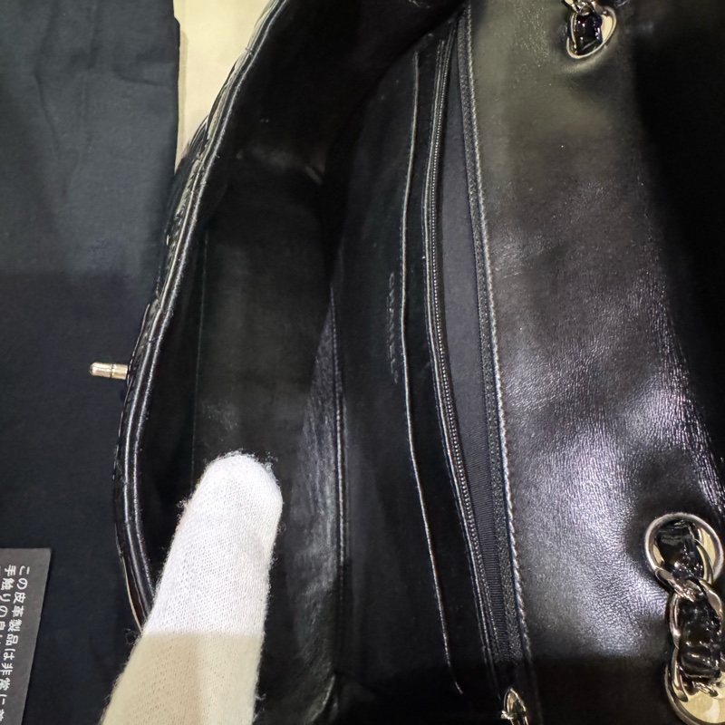 Chanel 香奈兒 maxi jumbo/CF口蓋包/漆皮黑銀款/95新美品-6