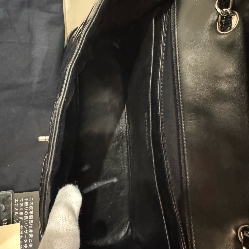 Chanel 香奈兒 maxi jumbo/CF口蓋包/漆皮黑銀款/95新美品-7