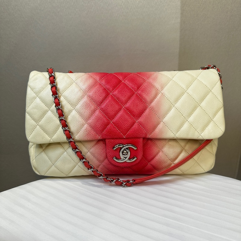 香奈兒/Chanel 粉白漸變大號鏈條包 魚子醬皮 32x8x17.5cm-0