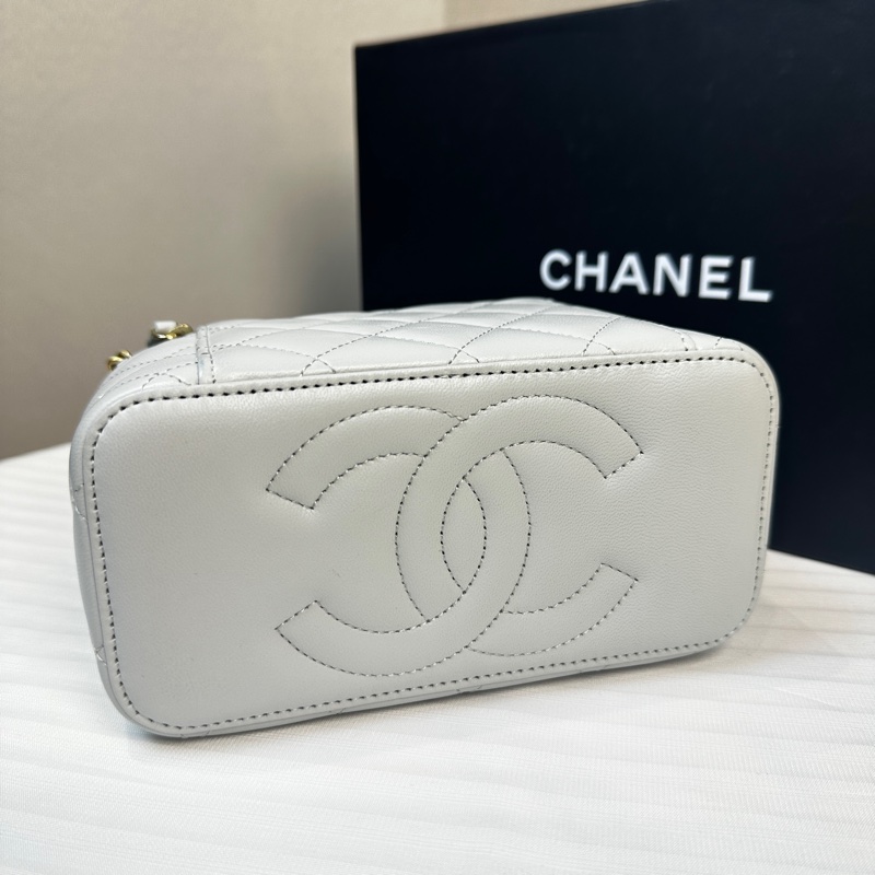 香奈兒/Chanel Vanity Case 淡藍色羊皮菱格紋長盒子 金球鏈帶肩背包17×9.5x8cm-5