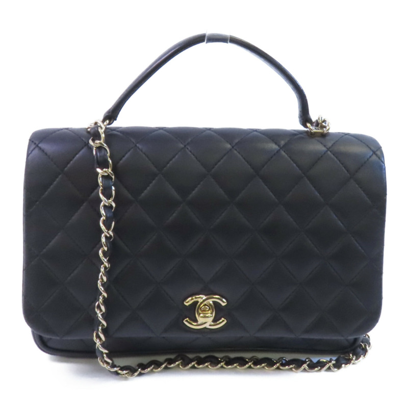 CHANEL 牛皮皮革2Way Shoulder金扣鏈帶手挽肩背兩用袋-0
