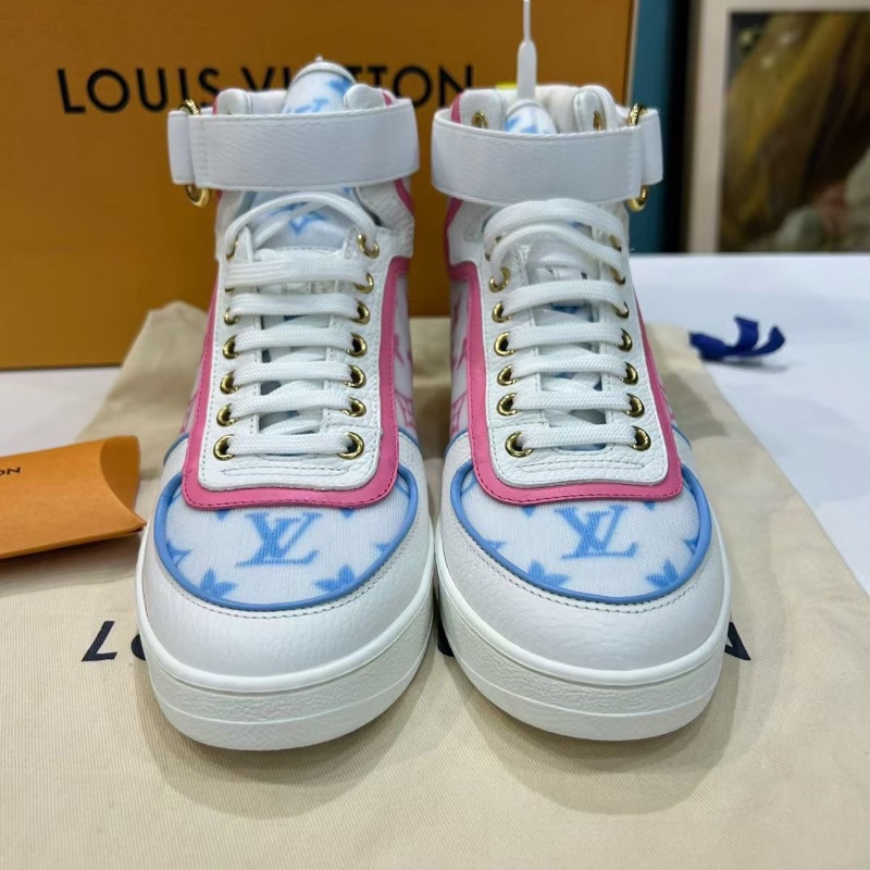 99新Lv 路易威登 Boombox 37碼高幫運動 平底 時尚板鞋 多巴胺色系 女款白色-0