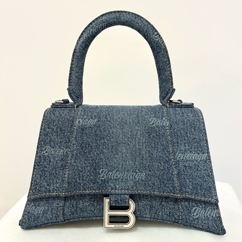 BALENCIAGA深藍丹寧字母銀釦沙漏包S號