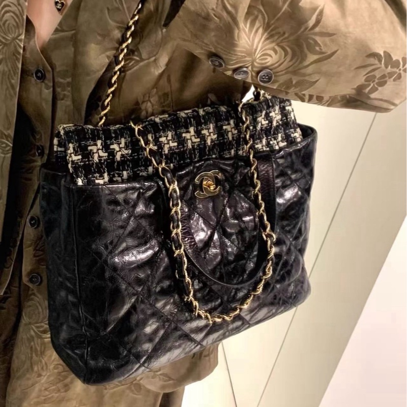 ✨Chanel 黑金孟買 牛皮格紋毛呢2way 琴譜托特包 鏈條可滑動 🖤-2