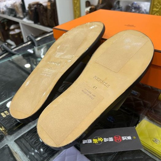 東區正精品㊣Hermes 全新黑色全皮H拖鞋休閒鞋 41號 RZ6151-2