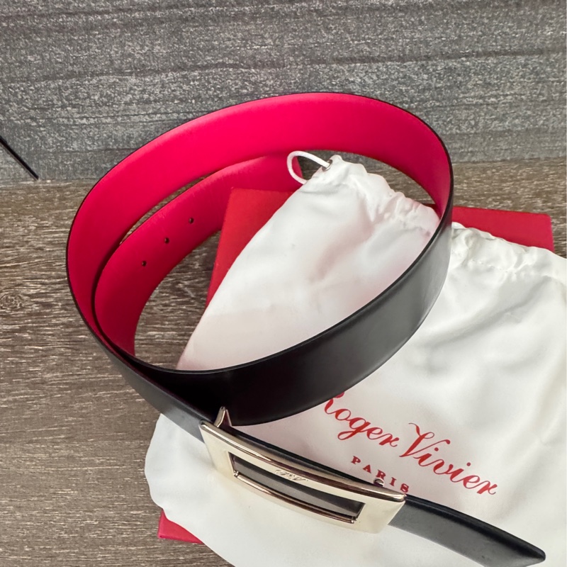 甜售RV roger vivier 雙面牛皮皮帶腰帶黑色拼桃紅色-9