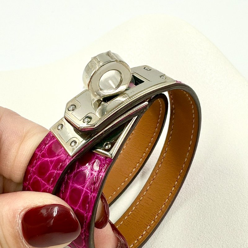 HERMES - 紫色鱷魚雙圈KELLY銀釦手環-7