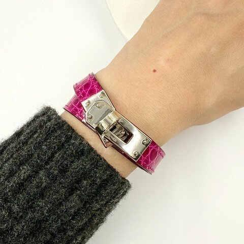 HERMES - 紫色鱷魚雙圈KELLY double tour銀釦手環