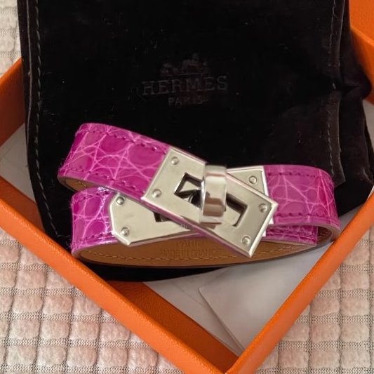 HERMES - 紫色鱷魚雙圈KELLY double tour銀釦手環-1