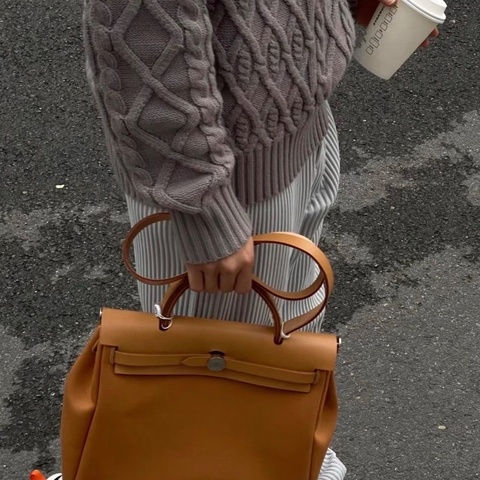 HERMES 帆布拼皮herbag31手提斜背包31*25*11 98新配件塵袋吊牌鎖鑰匙