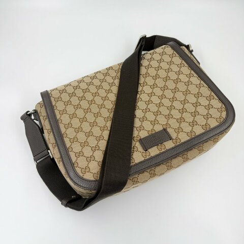 GUCCI - 經典緹花拼咖啡皮飾下蓋磁吸郵差包