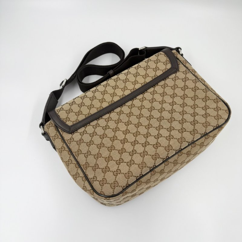 GUCCI - 經典緹花拼咖啡皮飾下蓋磁吸郵差包-1