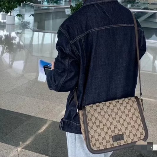 GUCCI - 經典緹花拼咖啡皮飾下蓋磁吸郵差包-4