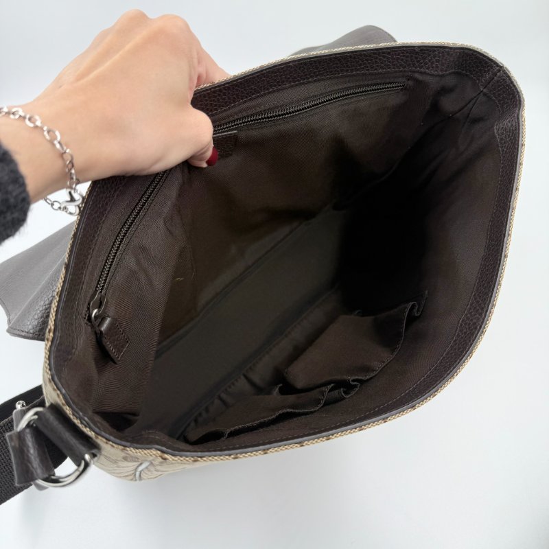 GUCCI - 經典緹花拼咖啡皮飾下蓋磁吸郵差包-10