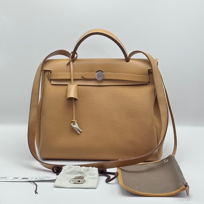 HERMES 帆布拼皮herbag31手提斜背包31*25*11 98新配件塵袋吊牌鎖鑰匙-1