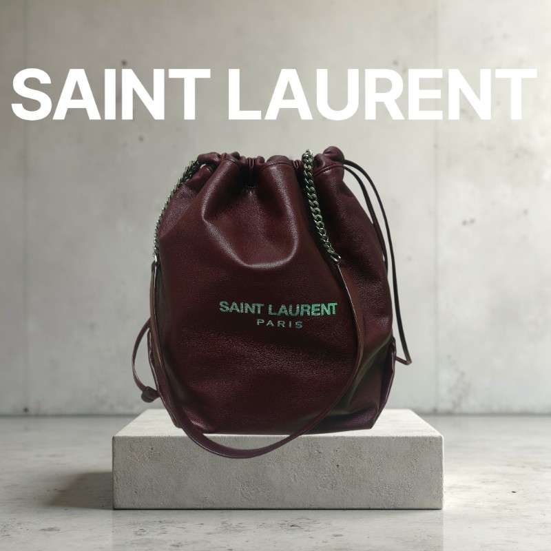 【8成新】㊣✨YSL✨（附防塵袋）SAINT LAURENT 聖羅蘭 TEDDY 大款 酒紅 小羊皮 抽繩 束口 水桶包 肩背包 子母包 鏈條包 /二手精品/保證正品🌳二手樹屋🌳-0