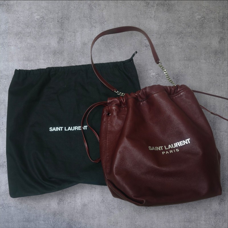 【8成新】㊣✨YSL✨（附防塵袋）SAINT LAURENT 聖羅蘭 TEDDY 大款 酒紅 小羊皮 抽繩 束口 水桶包 肩背包 子母包 鏈條包 /二手精品/保證正品🌳二手樹屋🌳-1