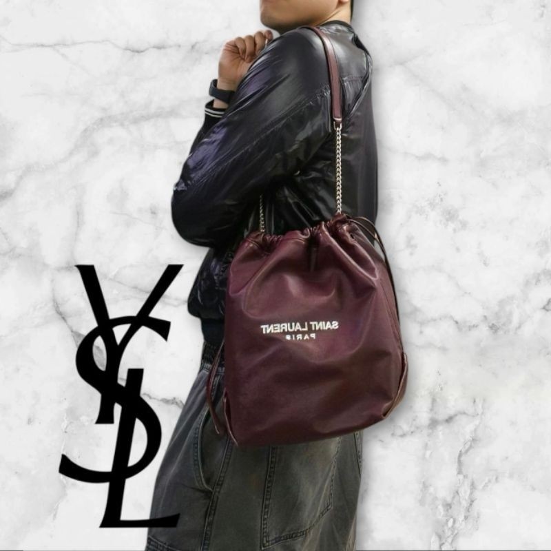【8成新】㊣✨YSL✨（附防塵袋）SAINT LAURENT 聖羅蘭 TEDDY 大款 酒紅 小羊皮 抽繩 束口 水桶包 肩背包 子母包 鏈條包 /二手精品/保證正品🌳二手樹屋🌳-42