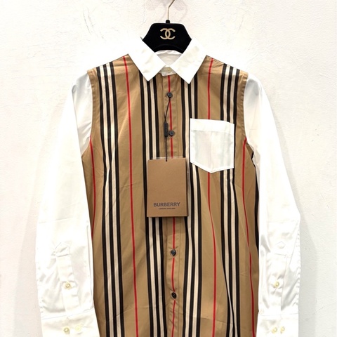 Burberry博柏利 棕色條紋兒童款白色長袖襯衫 10Y碼 貨號8030694