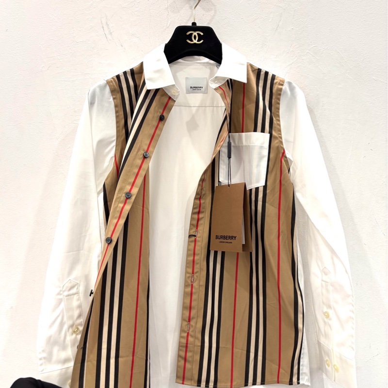 Burberry博柏利 棕色條紋兒童款白色長袖襯衫 10Y碼 貨號8030694-1