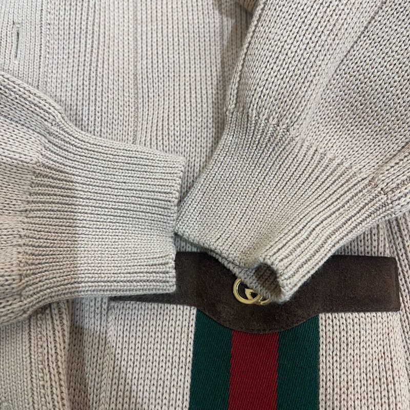 Gucci 駝色羊毛混紡開襟毛衣配經典條紋 626349-XKBFJ-2184-3