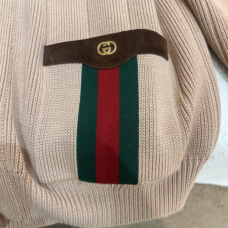 Gucci 駝色羊毛混紡開襟毛衣配經典條紋 626349-XKBFJ-2184-15