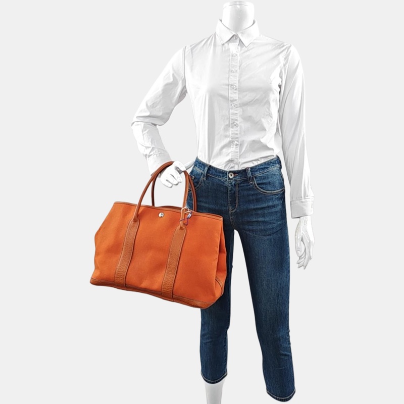 HERMES Garden Party 36 杏黃色帆布 花園包手提包 銀色五金 框刻-1