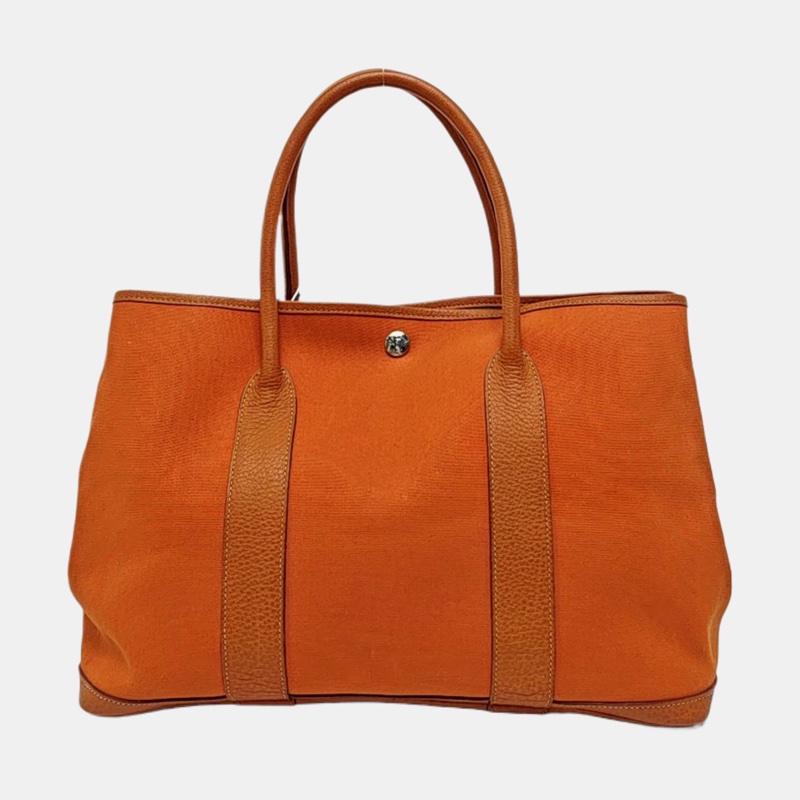 HERMES Garden Party 36 杏黃色帆布 花園包手提包 銀色五金 框刻-4