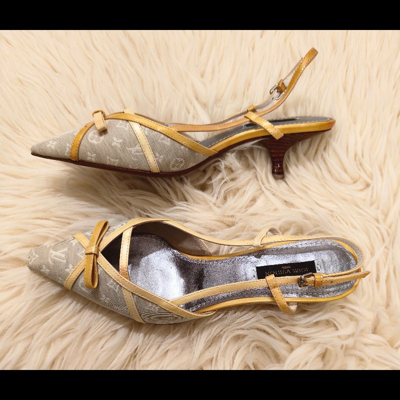 LV 老花灰底尖頭中跟鞋-2