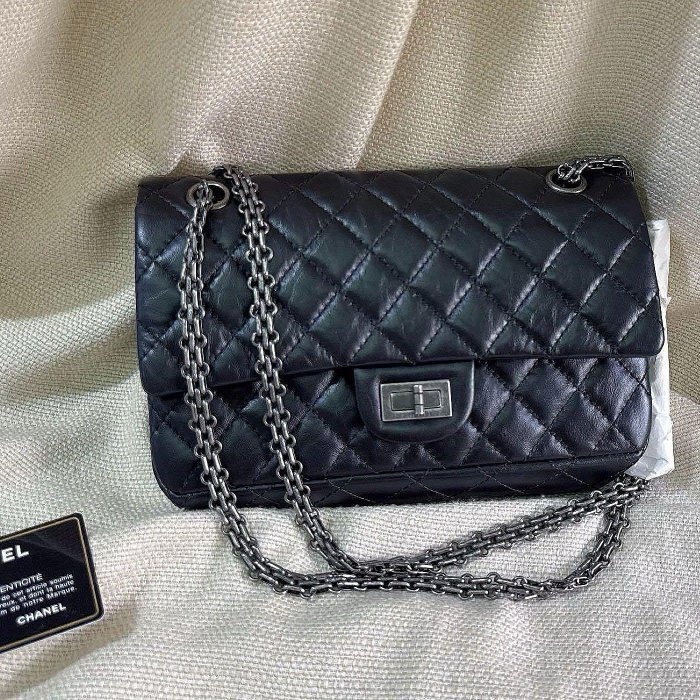 小巴黎二手名牌真品Chanel 2.55  極新 黑銀 24公分 小號 有卡 28開-0