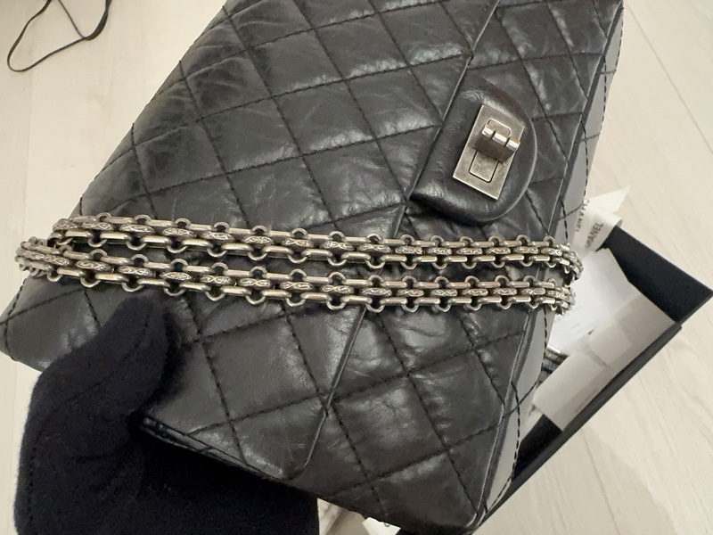 小巴黎二手名牌真品Chanel 2.55  黑銀 24公分 小號 有卡 購證-35