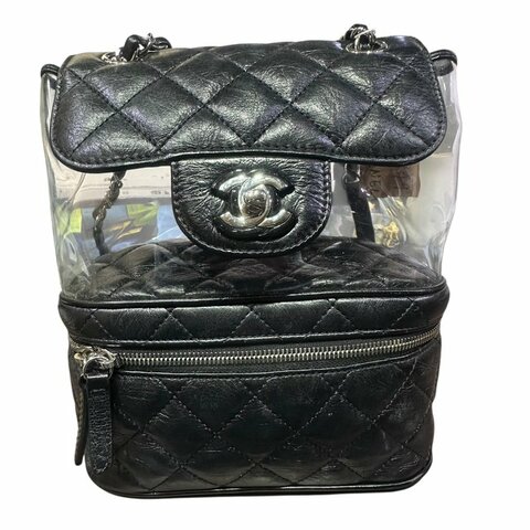 【美收精品】CHANEL黑色皮革透明拼接後背包 4-649