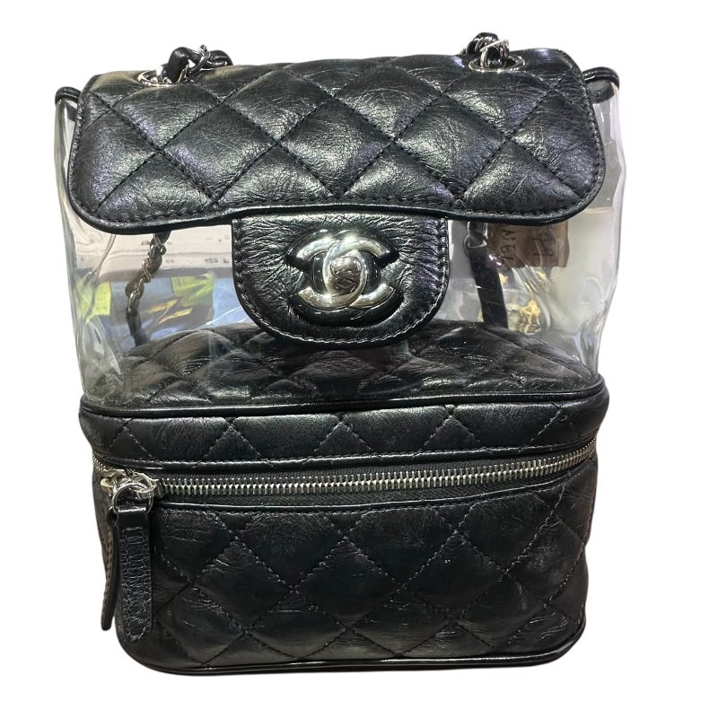 【美收精品】CHANEL黑色皮革透明拼接後背包 4-649-0