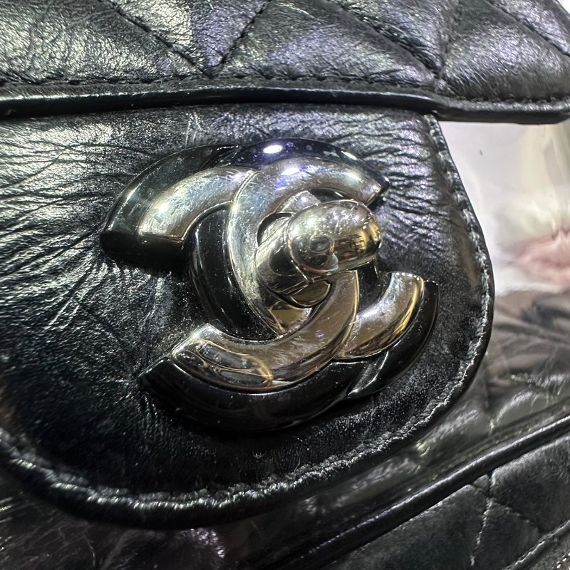 【美收精品】CHANEL黑色皮革透明拼接後背包 4-649-9