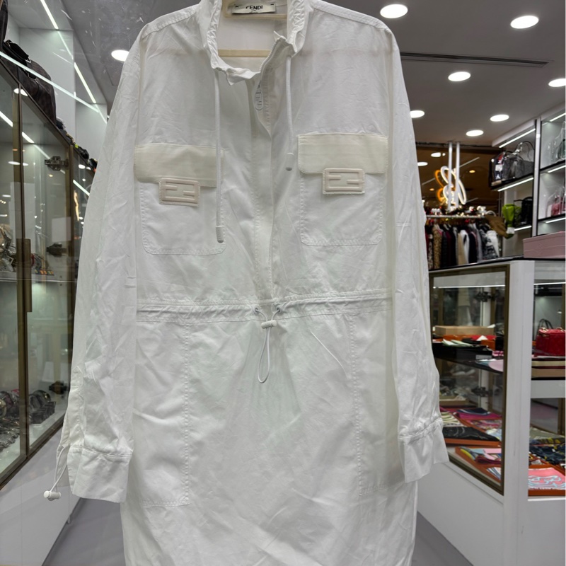 FENDI芬迪 純色高領襯衫式 長袖洋裝 白色 44碼-0