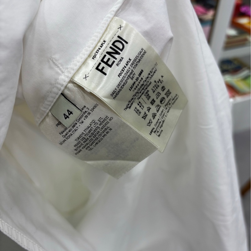 FENDI芬迪 純色高領襯衫式 長袖洋裝 白色 44碼-3
