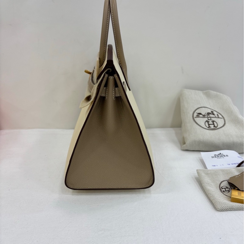 Hermes愛馬仕奶昔白金扣Kelly二代，全套帶23年的票！奶昔白拼大象灰，Epsom皮，金扣， SO馬蹄標 Vip特殊訂製 B刻 肩帶有刻字，大全套-3