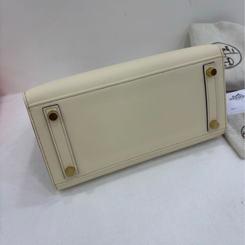 Hermes愛馬仕奶昔白金扣Kelly二代，全套帶23年的票！奶昔白拼大象灰，Epsom皮，金扣， SO馬蹄標 Vip特殊訂製 B刻 肩帶有刻字，大全套-4