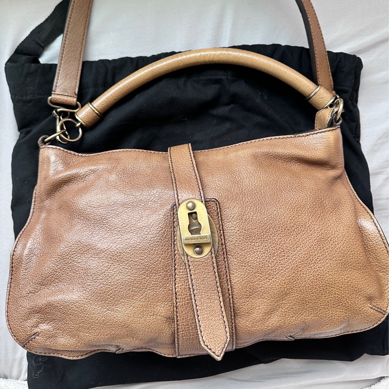 BURBERRY 雙肩帶全牛皮棕色美拉德單肩包-0