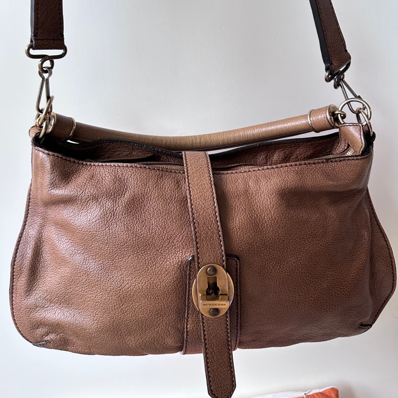 BURBERRY 雙肩帶全牛皮棕色美拉德單肩包-2