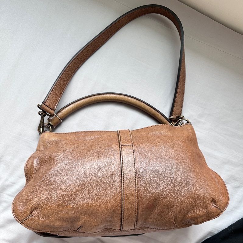 BURBERRY 雙肩帶全牛皮棕色美拉德單肩包-5