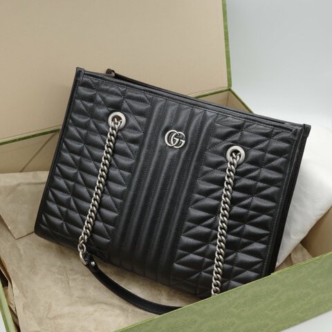 Gucci 古馳 GG Marmont  黑色 小牛皮 中型托特包